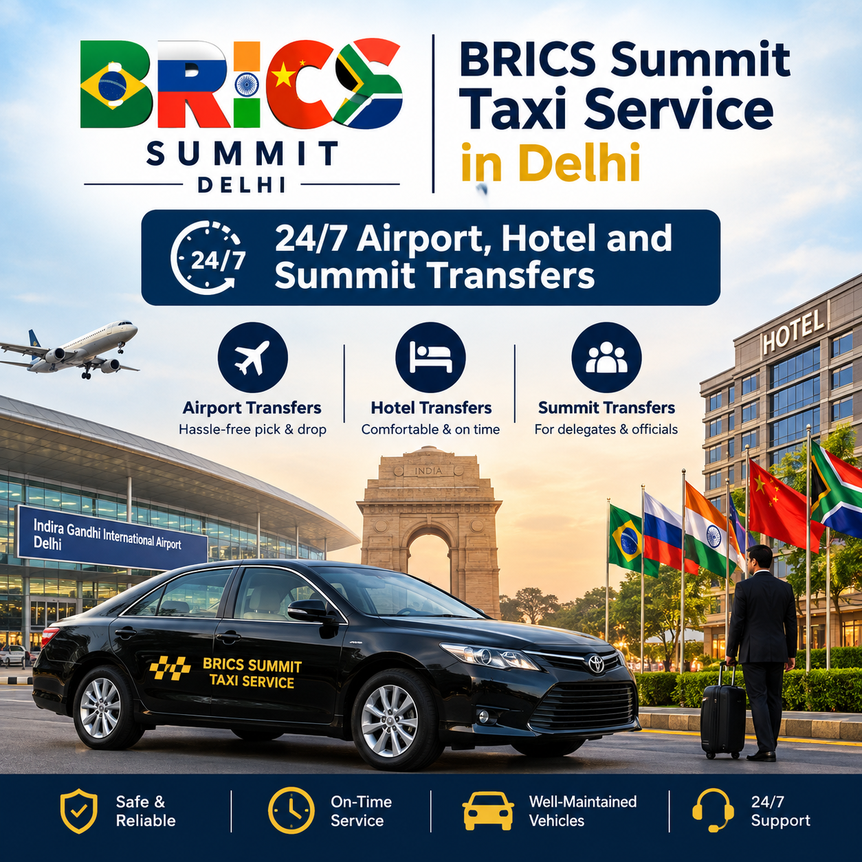 Professional chauffeur standing beside a premium SUV at Delhi airport for BRICS Summit delegate airport and hotel transfers