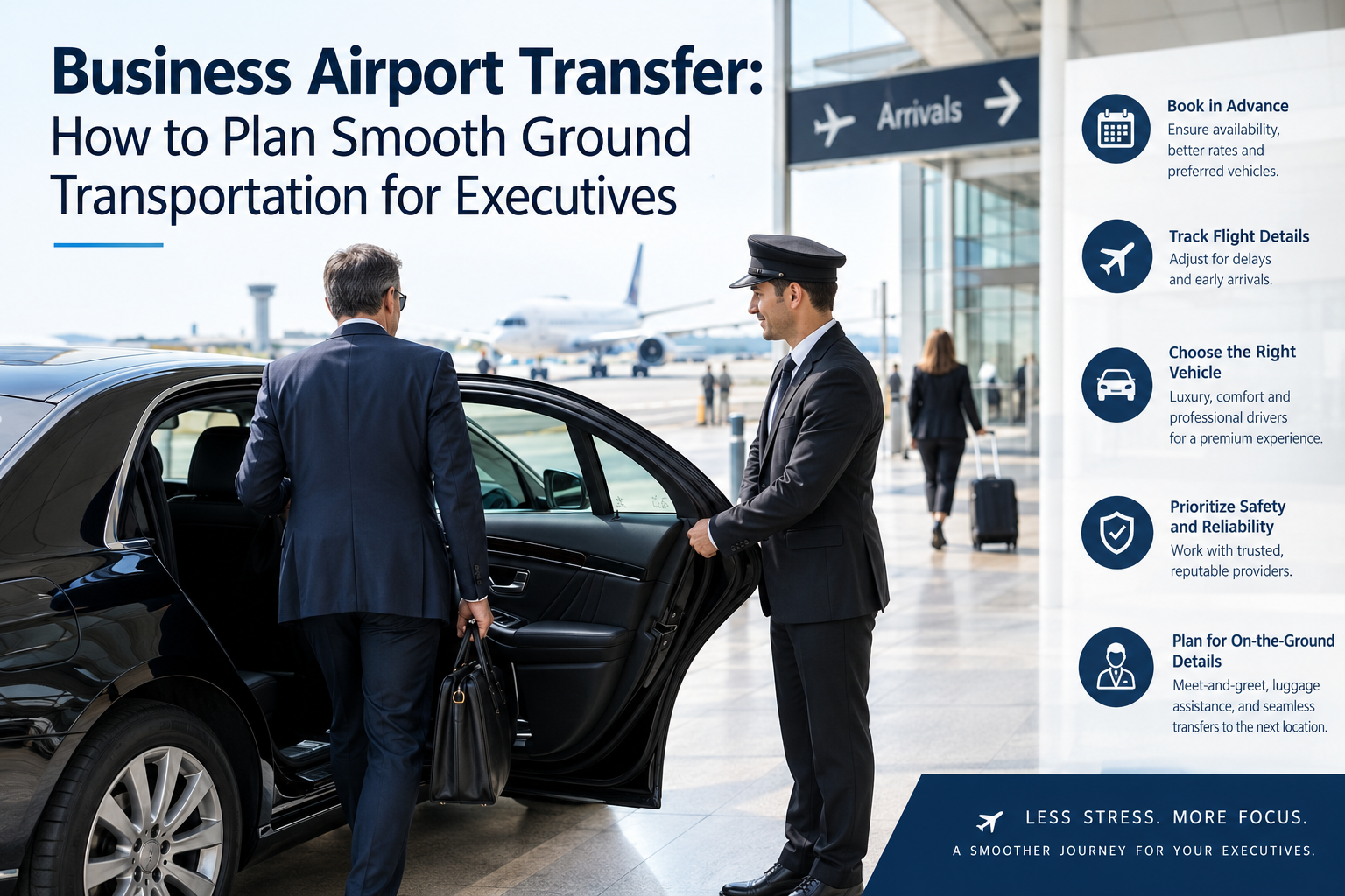 Business traveller arriving at an airport for a professionally coordinated transfer